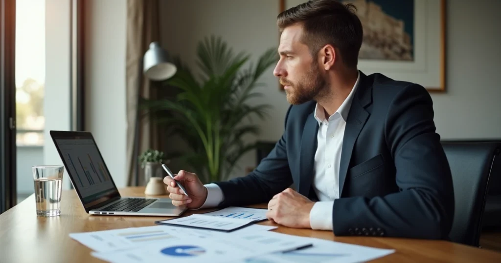 Homem sentado à mesa analisando gráficos e planilhas de investimentos 