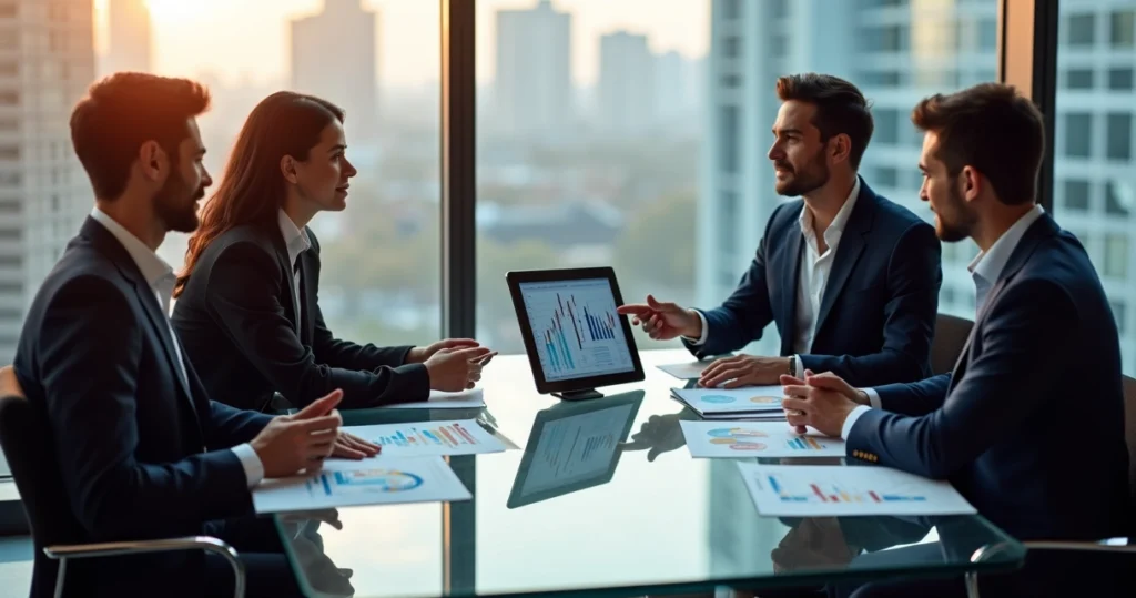 Reunião de consultoria financeira analisando gráficos e relatórios 