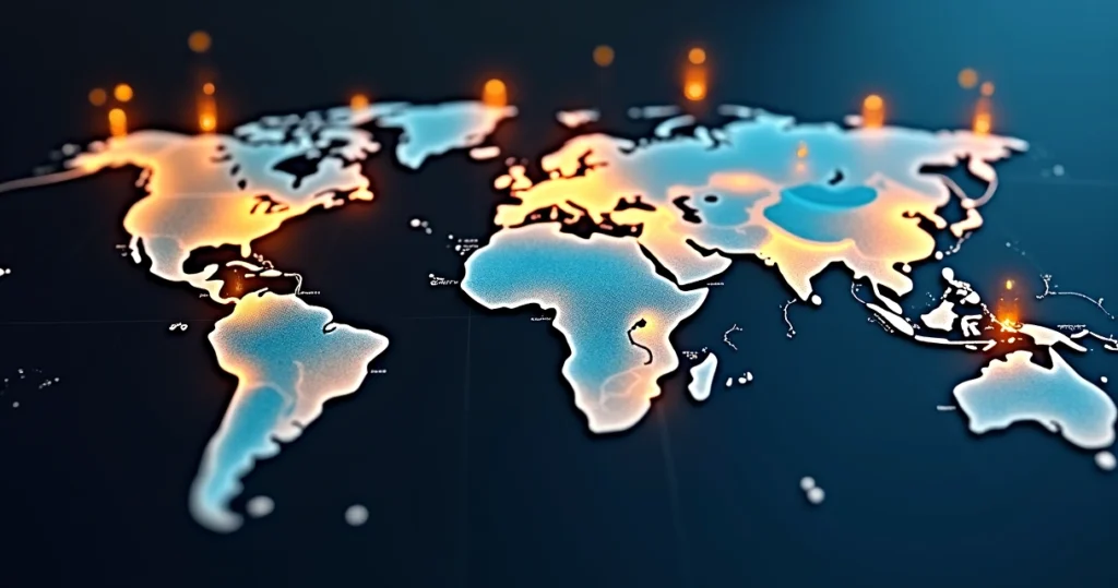Mapa mundi com ícones de investimentos em diferentes países 