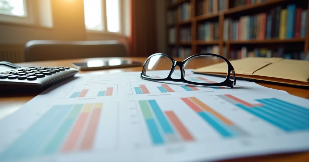 Mesa com documentos legais e gráficos de risco 