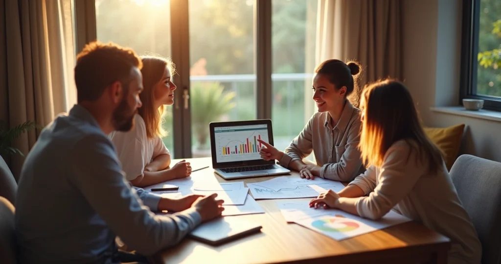 Família sentada à mesa discutindo papéis financeiros 