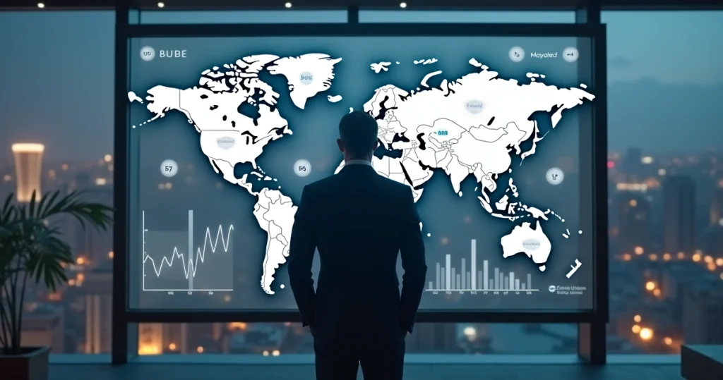 Investidor olhando mapa com gráficos financeiros de diversos países 