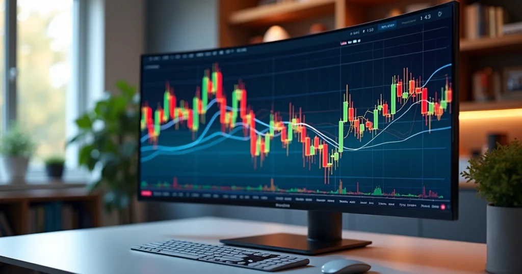 Gráficos coloridos mostrando oscilações do mercado financeiro em tela de computador 