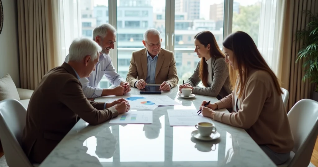 Família reunida ao redor de uma mesa discutindo documentos financeiros 