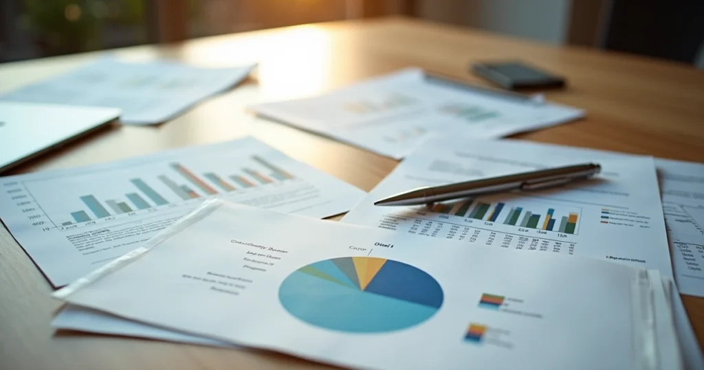 Carteira de documentos de investimento abertos em mesa de madeira clara 