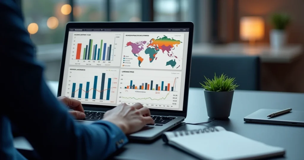 Pessoa analisando portfólio internacional no computador. 