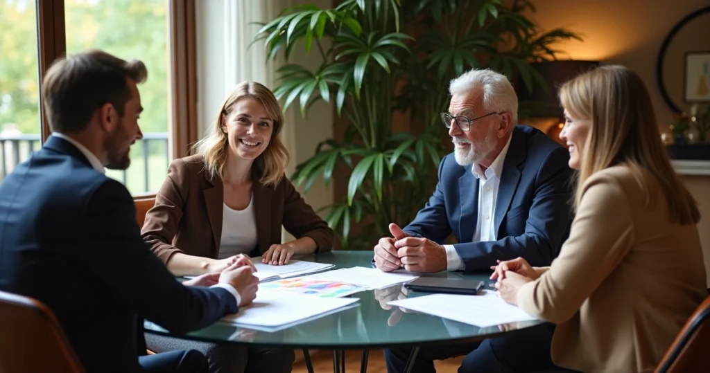Família analisando documento de planejamento patrimonial com consultor 