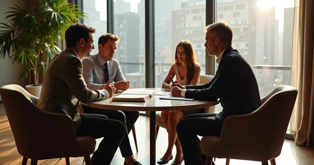 Consultor sentado conversando com família de clientes em sala elegante 