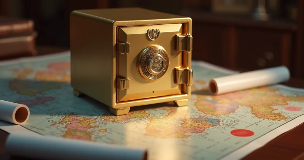 Cofre dourado cercado por mapas e gráficos financeiros 