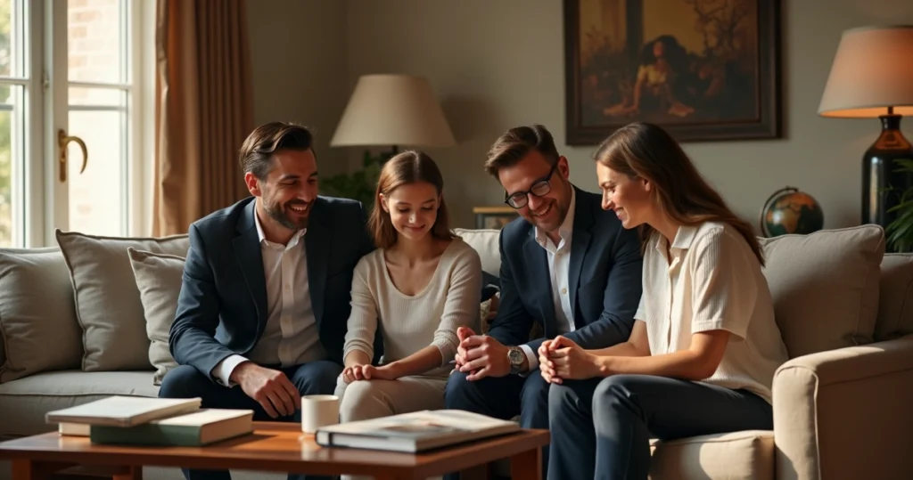 Família de alta renda reunida em um sofá elegante 