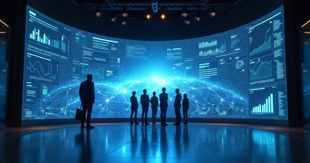 Códigos e gráficos de IA projetados sobre uma tela grande 