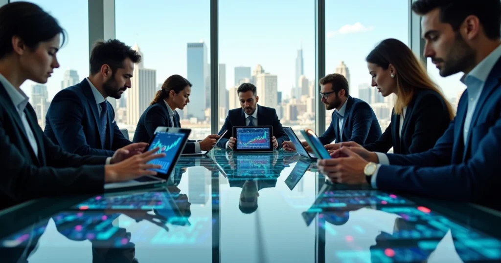 Pessoas analisando gráficos de investimentos em uma mesa de trabalho 