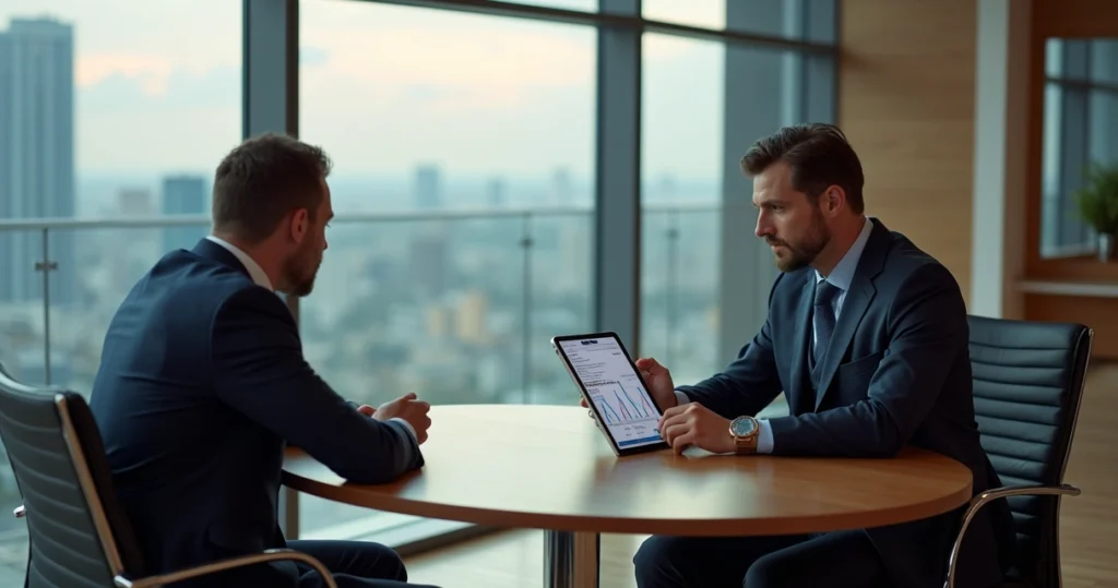 Consultor de investimentos explicando gráficos para cliente em escritório moderno 