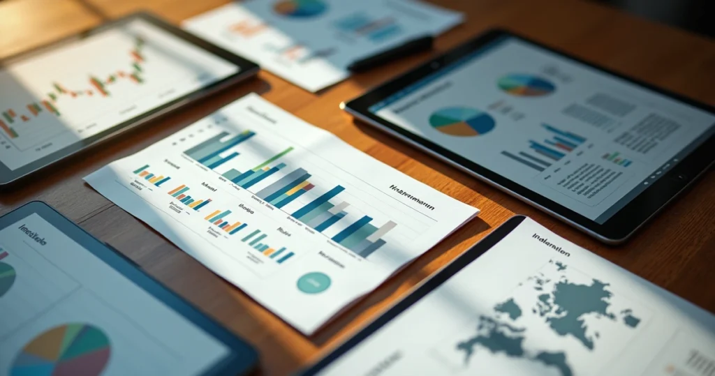 Portfólio de investimentos diversificado em várias telas sobre mesa de madeira 