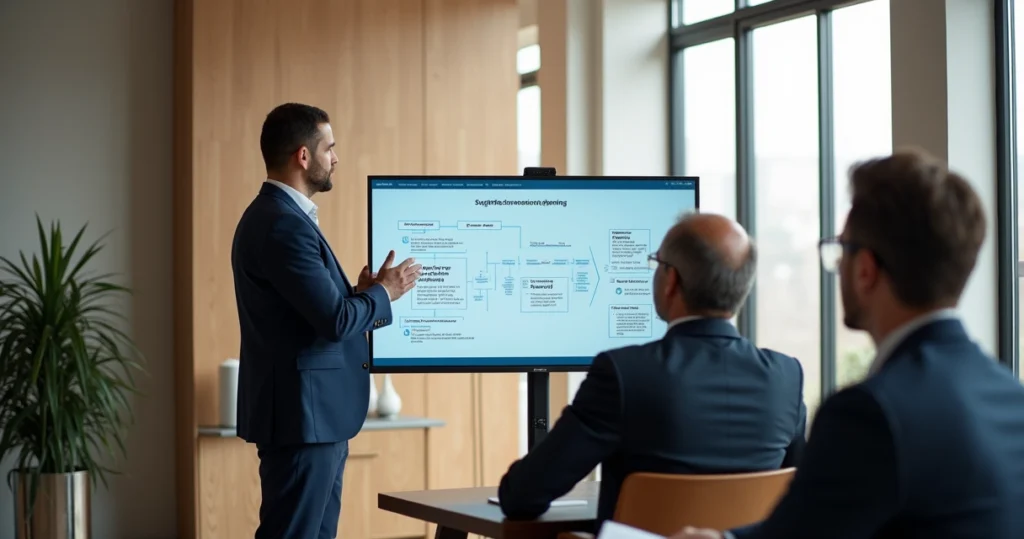 Consultor financeiro explicando estrutura sucessória a clientes em escritório de luxo 