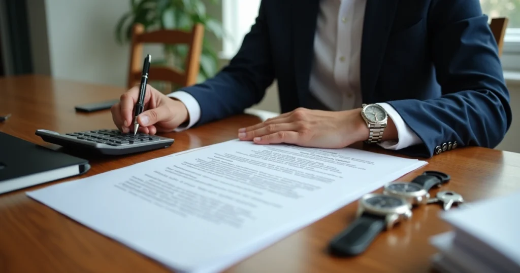 Mesa com documentos de holding patrimonial e objetos de valor 