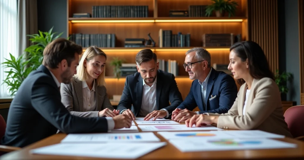Família sentada à mesa avaliando documentos e discutindo planejamento sucessório 