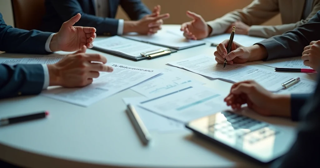 Mesa de reunião com papéis de reforma tributária, pessoas debatendo, luz suave