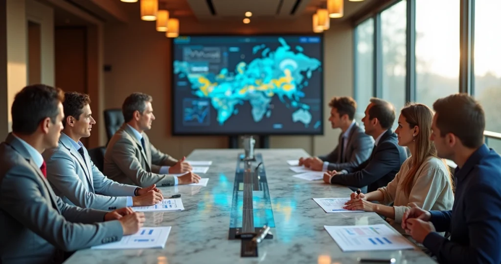 Família multigeracional em sala de reunião moderna analisando gráficos de patrimônio 