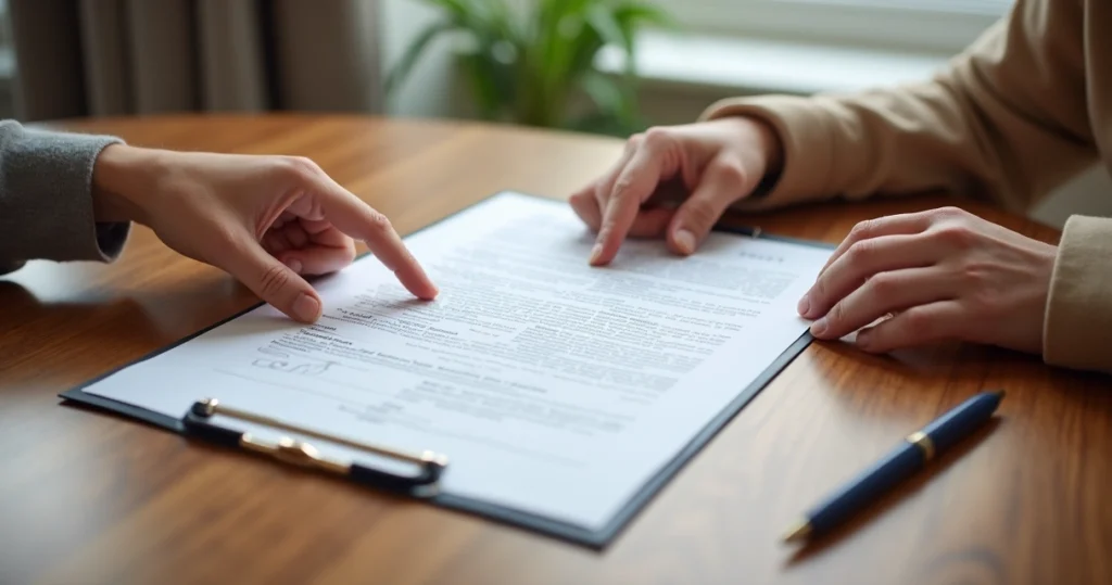 Documento de holding sobre mesa, mãos de diferentes idades, ambiente sofisticado