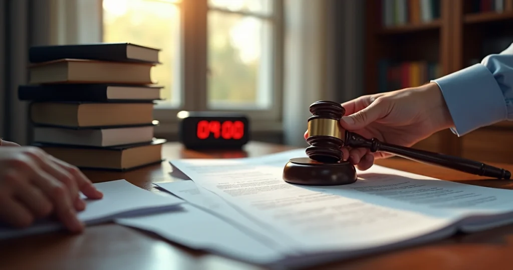 Livros de legislação, carimbo fiscal, mãos folheando documentos em mesa de madeira 