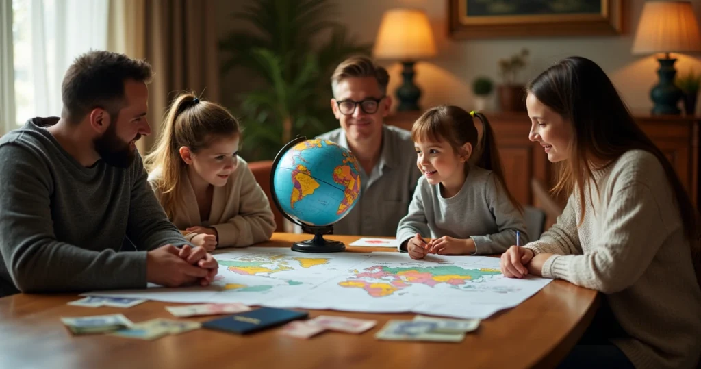 Família reunida em mesa com papéis financeiros e globos