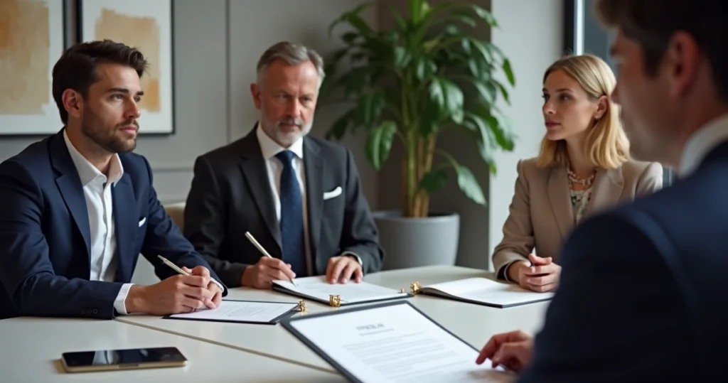 Advogado revisando documentos de herança com família 