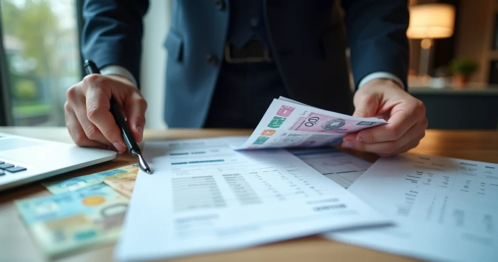 Profissional alinhando papéis fiscais com notas fiscais estrangeiras 