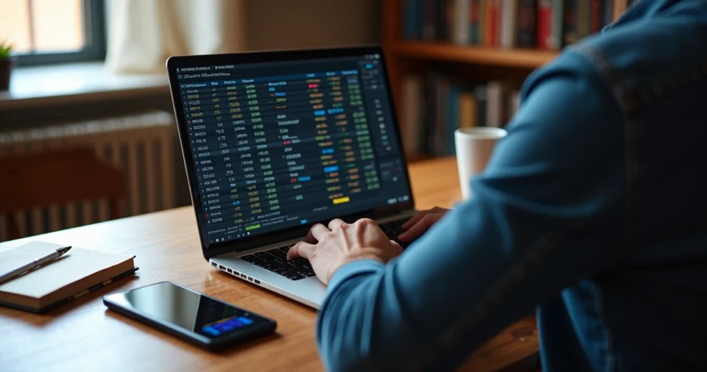 Pessoa analisando extrato de investimentos em criptoativos estrangeiros na tela do notebook 