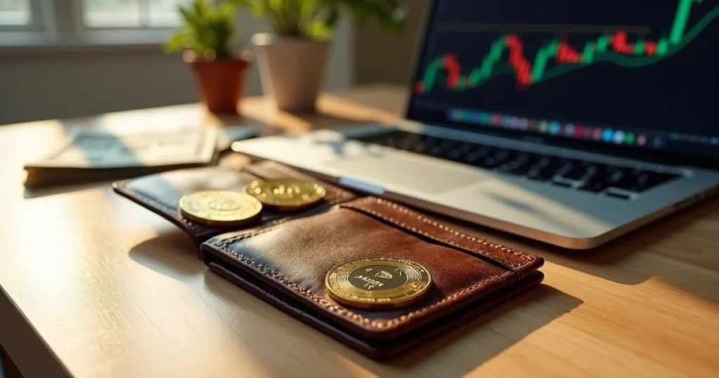 Carteira com criptomoedas sobre uma mesa de madeira clara, notas de dólar e tela com gráficos ao fundo 