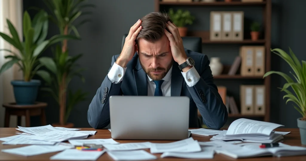 Homem frustrado com documentos espalhados 