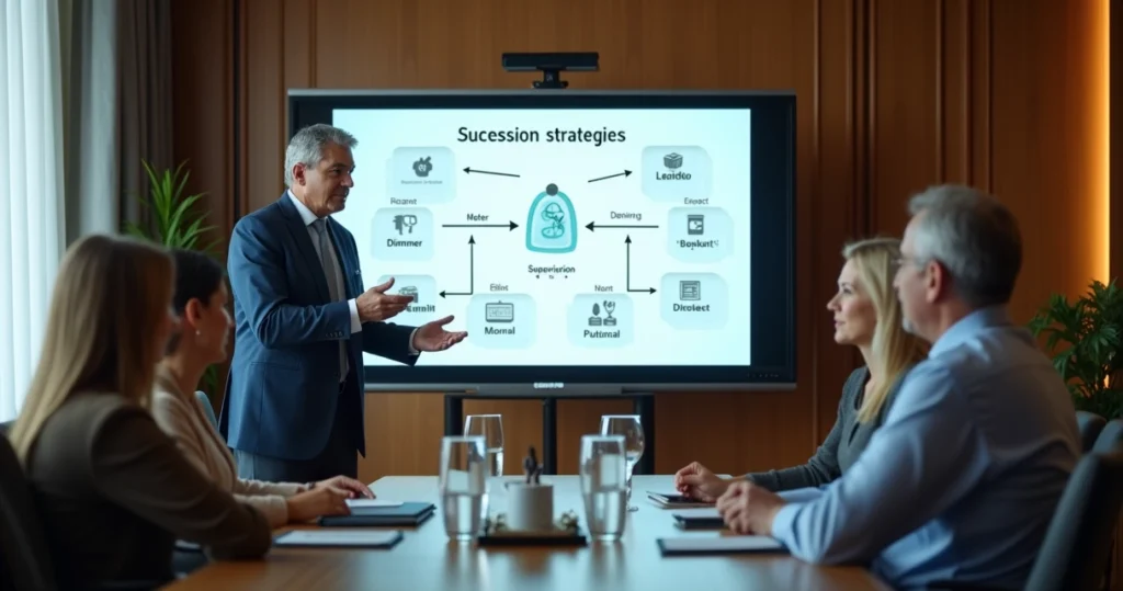 Especialista explicando planejamento sucessório em sala de reuniões 