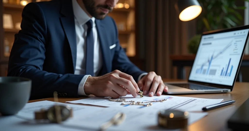 Consultor avaliando joias e documentos em escritório 