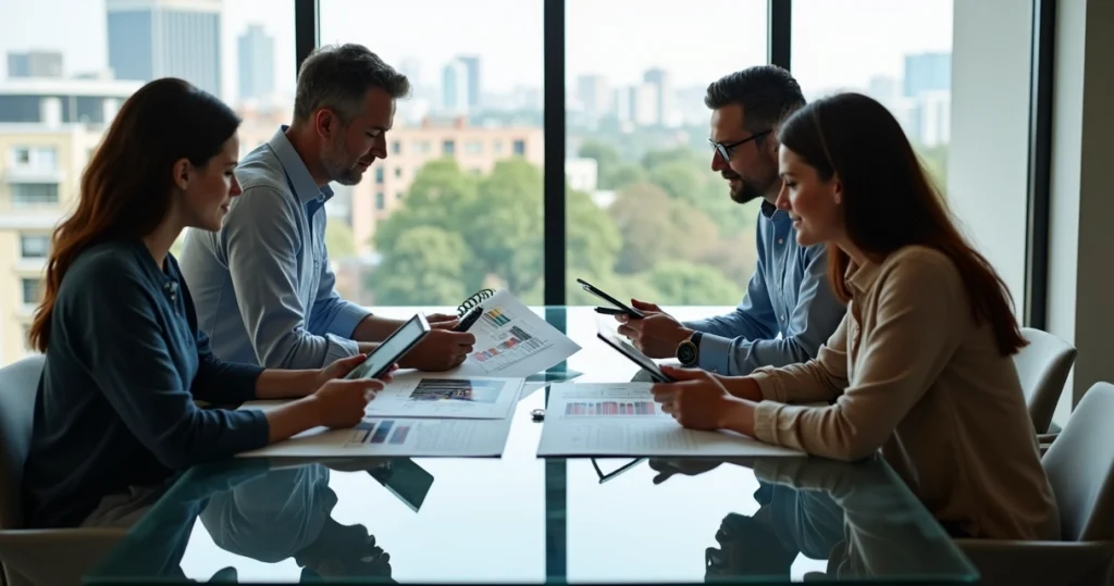 Família observando relatórios patrimoniais em mesa moderna 