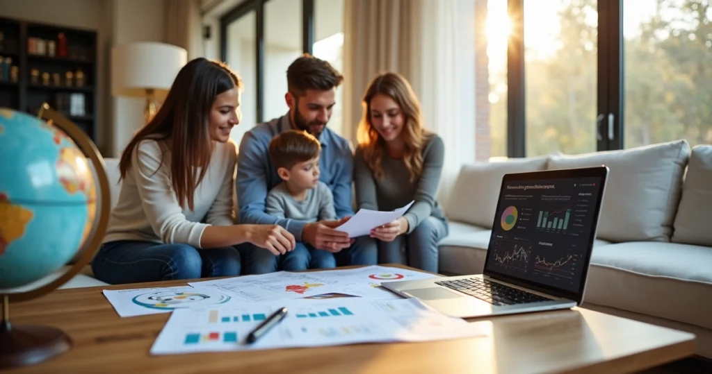 Família reunida em sala moderna olhando papéis de planejamento financeiro internacional 