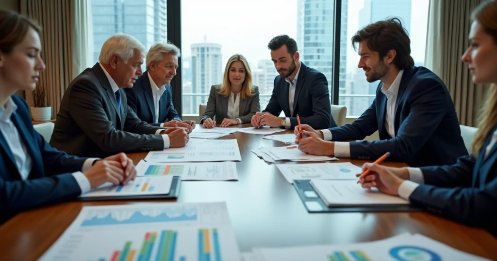 Família reunida analisando documentos de patrimônio 