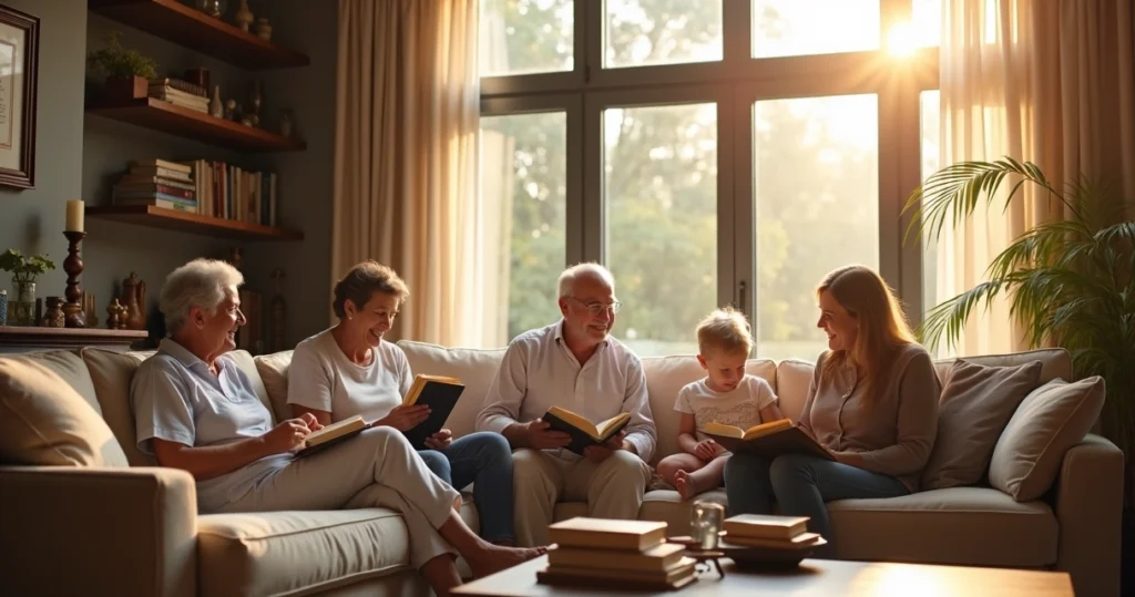 Família de alta renda em casa com atmosfera de paz e realização financeira 