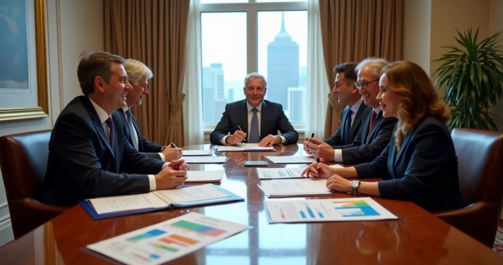 Sala de reuniões com documentos de holding familiar, advogados e gráficos financeiros 