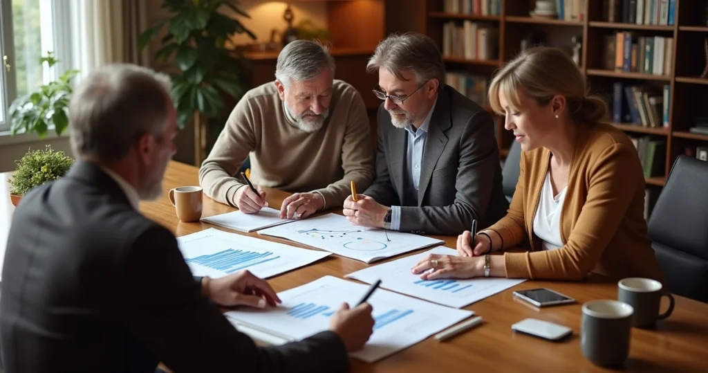 Planos de previdência, gráficos de longo prazo, família reunida, cenário sofisticado 
