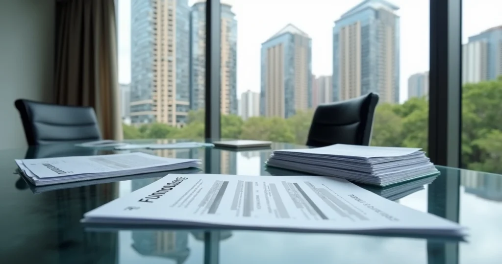 Carteira de fundos imobiliários, gráficos de rendimentos crescentes, notas de aluguel e imóveis comerciais 