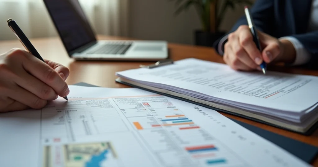 Pessoa preenchendo declaração de imposto com planilhas e documentos internacionais 