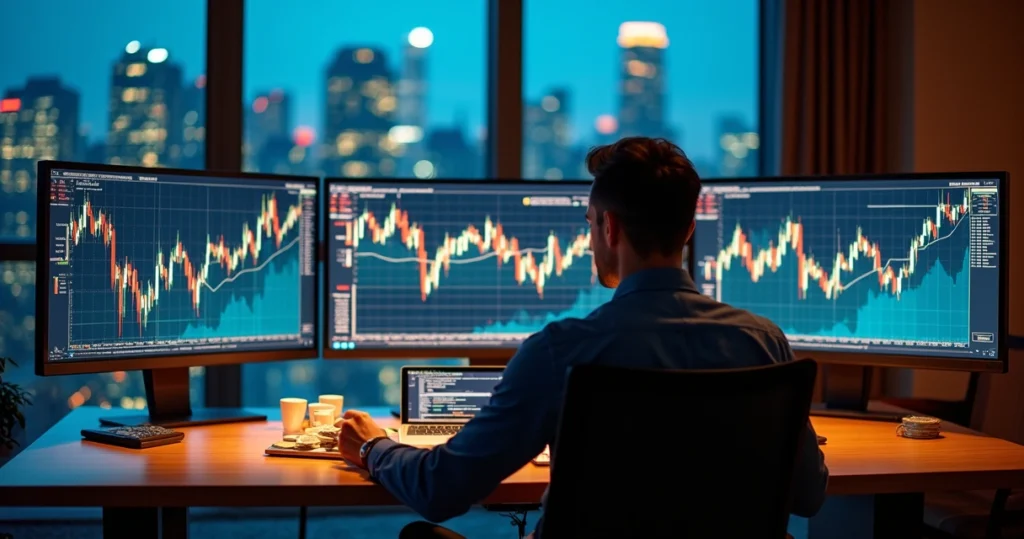 Investidor sentado em cômodo sofisticado cercado por telas com gráficos financeiros e moedas internacionais 