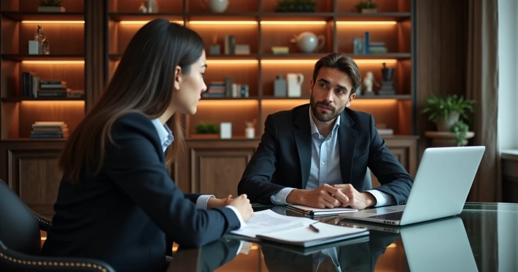Consultor financeiro conversando com investidor em escritório sofisticado 